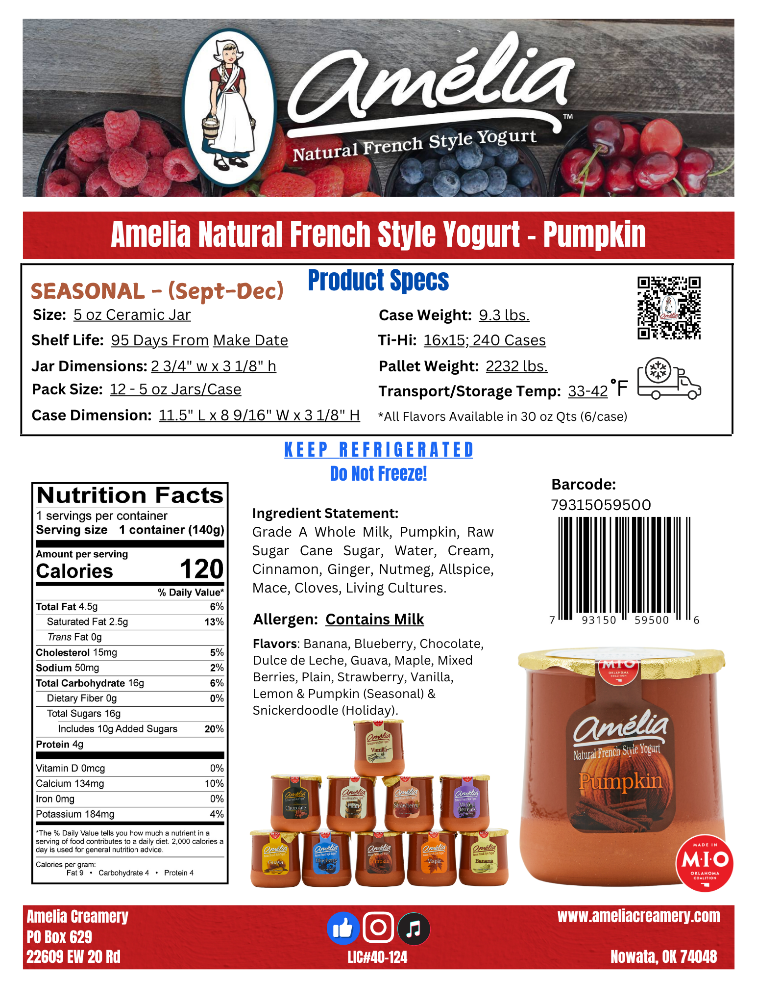 Packaging for Amelia Natural French Style Yogurt in Pumpkin flavor, featuring images of yogurt containers, some stacked, with a background of small bowls of raspberries, strawberries, blueberries, and cherries, and a larger container of pumpkin-flavored yogurt on the right.