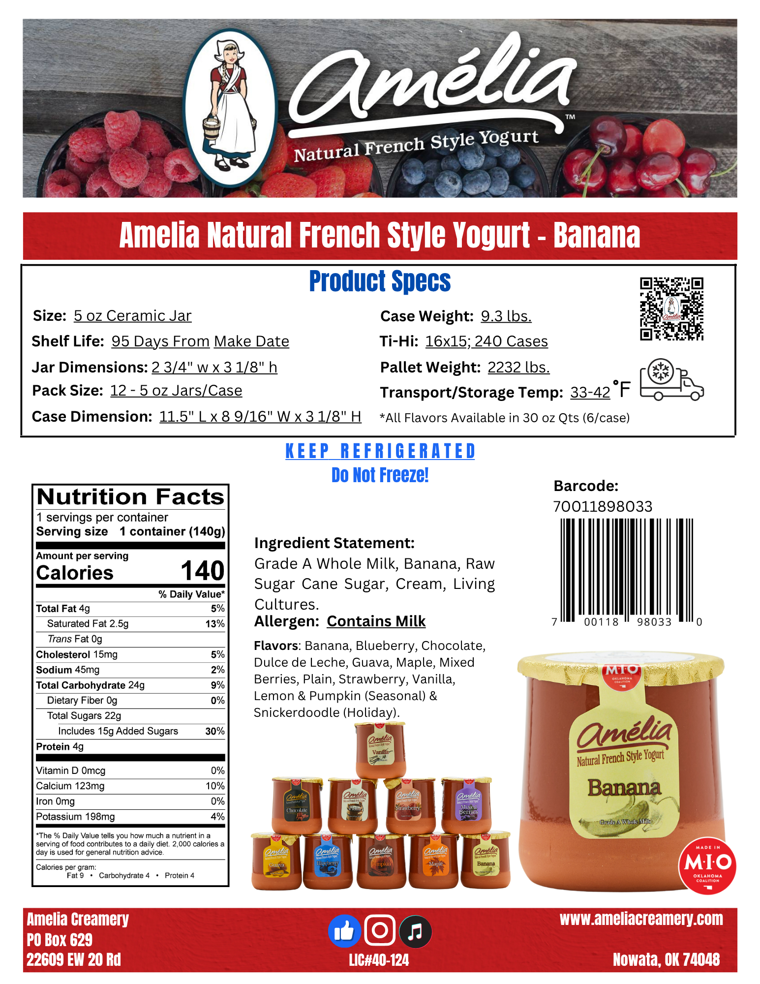 The image shows a label for Amelia Natural French Style Yogurt in Banana flavor. The label contains product specifications, nutrition facts, ingredients, allergen information, and a visual of the yogurt container with a banana on the label. The label also features a cartoon woman holding a basket and the company’s contact details along with social media icons.