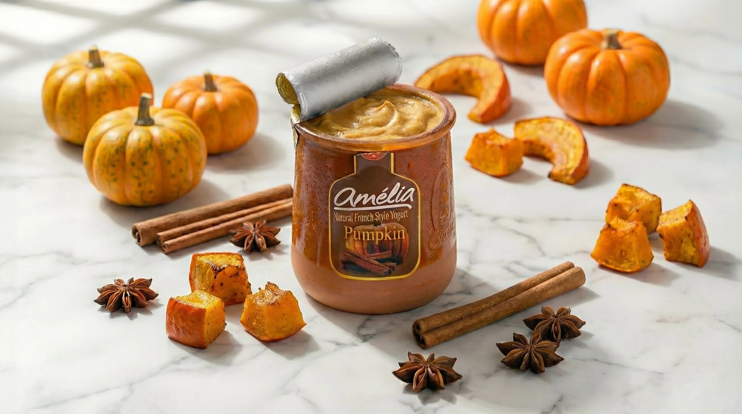 Open jar of pumpkin-flavored yogurt labeled 'Amélia, Natural French Style Yogurt, Pumpkin,' surrounded by small pumpkins, cinnamon sticks, star anise, and pumpkin cubes on a white marble surface.