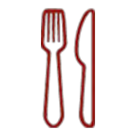 A fork and a knife crossed over each other, with a blue silhouette of a person between them.