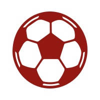 A stylized illustration of a soccer ball with black and red panels.