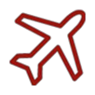 Neon sign of an airplane with red outline and blue accents