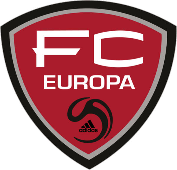 FC Europa sports team logo with a red shield, black outline, and white text, featuring a black abstract design and Adidas logo.
