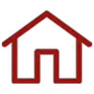 A stylized house with a red exterior, a blue side, and a black door.