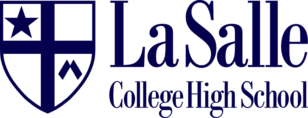 Logo of La Salle College High School featuring a shield with a star, cross, and other symbols, alongside the school's name.