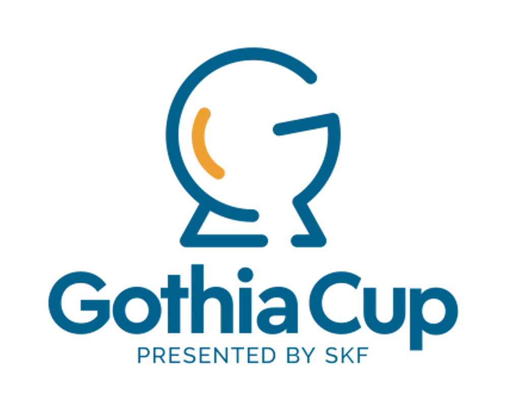 Logo for Gotham Cup presented by SKF, featuring a stylized trophy with a curved blue outline and an orange accent, alongside the event name in bold blue letters.