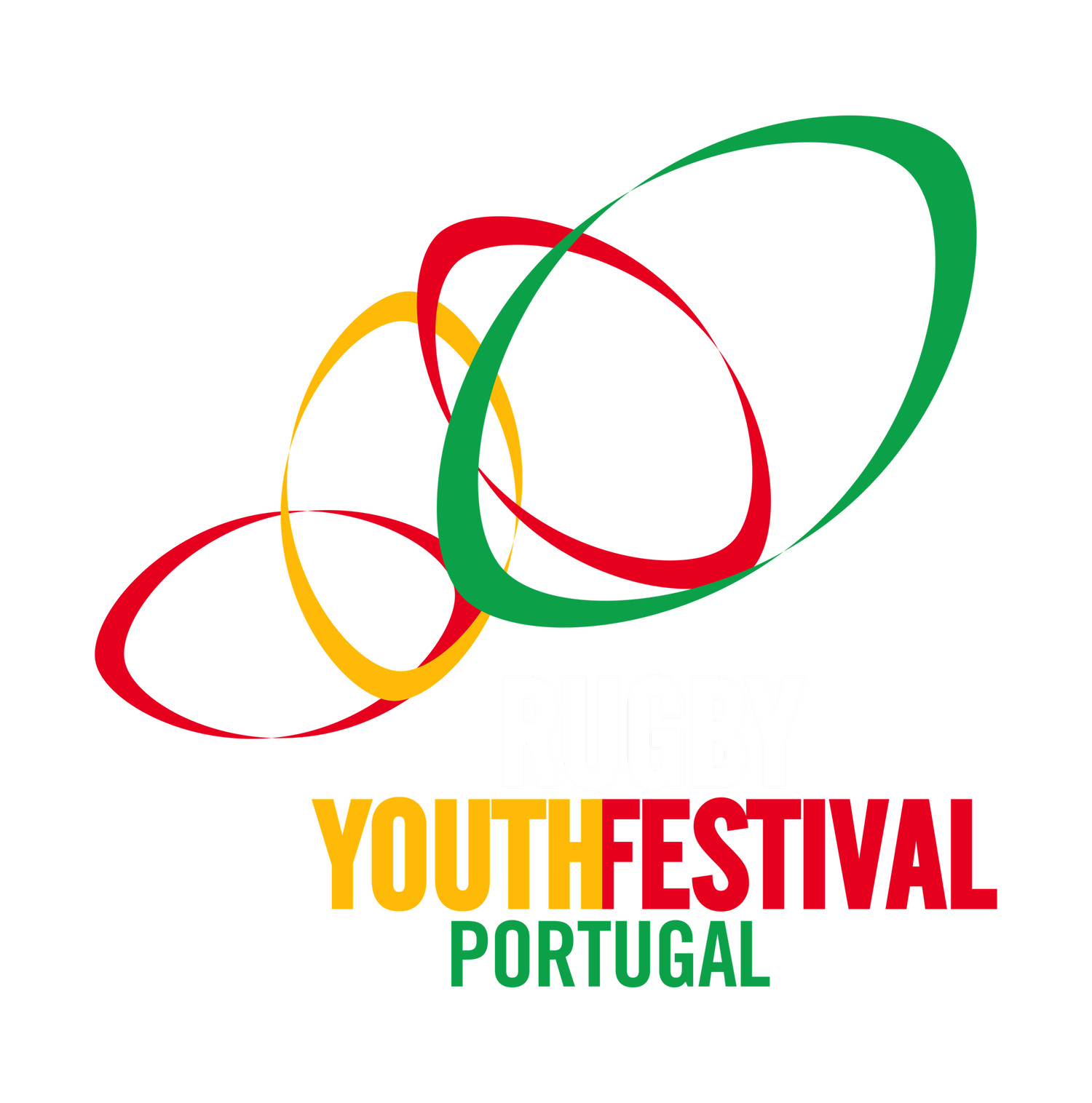 Logo for Rugby Youth Festival Portugal featuring stylized colored rugby ball shapes and text in black, white, yellow, red, and green.