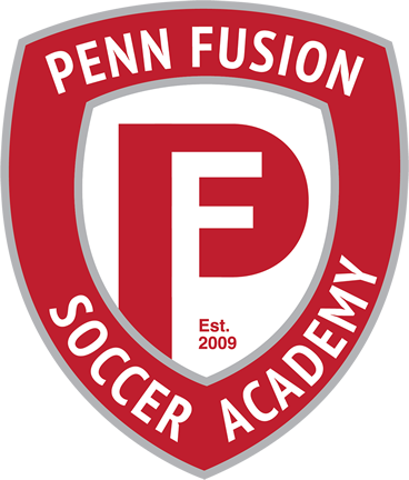 Penn Fusion Soccer Academy logo with a red shield, white and red text, and a stylized 'P' in the center, established in 2009.