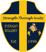A Dingo Rugby team emblem featuring a shield with a yellow and navy design, a dingo head, and text including 'Strength Through Unity,' 'Dingo Rugby,' 'Est. 1996'.