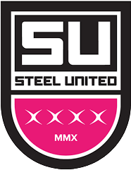 A logo with a black and white shield shape containing the text 'SU' and 'Steel United' with a pink banner at the bottom displaying four stars and 'MMX'.