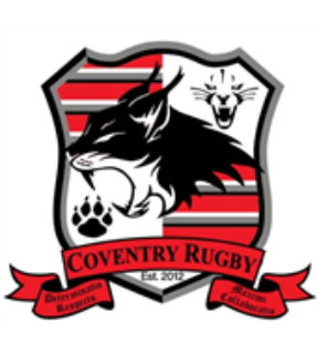 COVENTRY RUGBY logo featuring a fierce bobcat and a roaring lion, with red and black stripes, and a banner reading 'COVENTRY RUGBY'