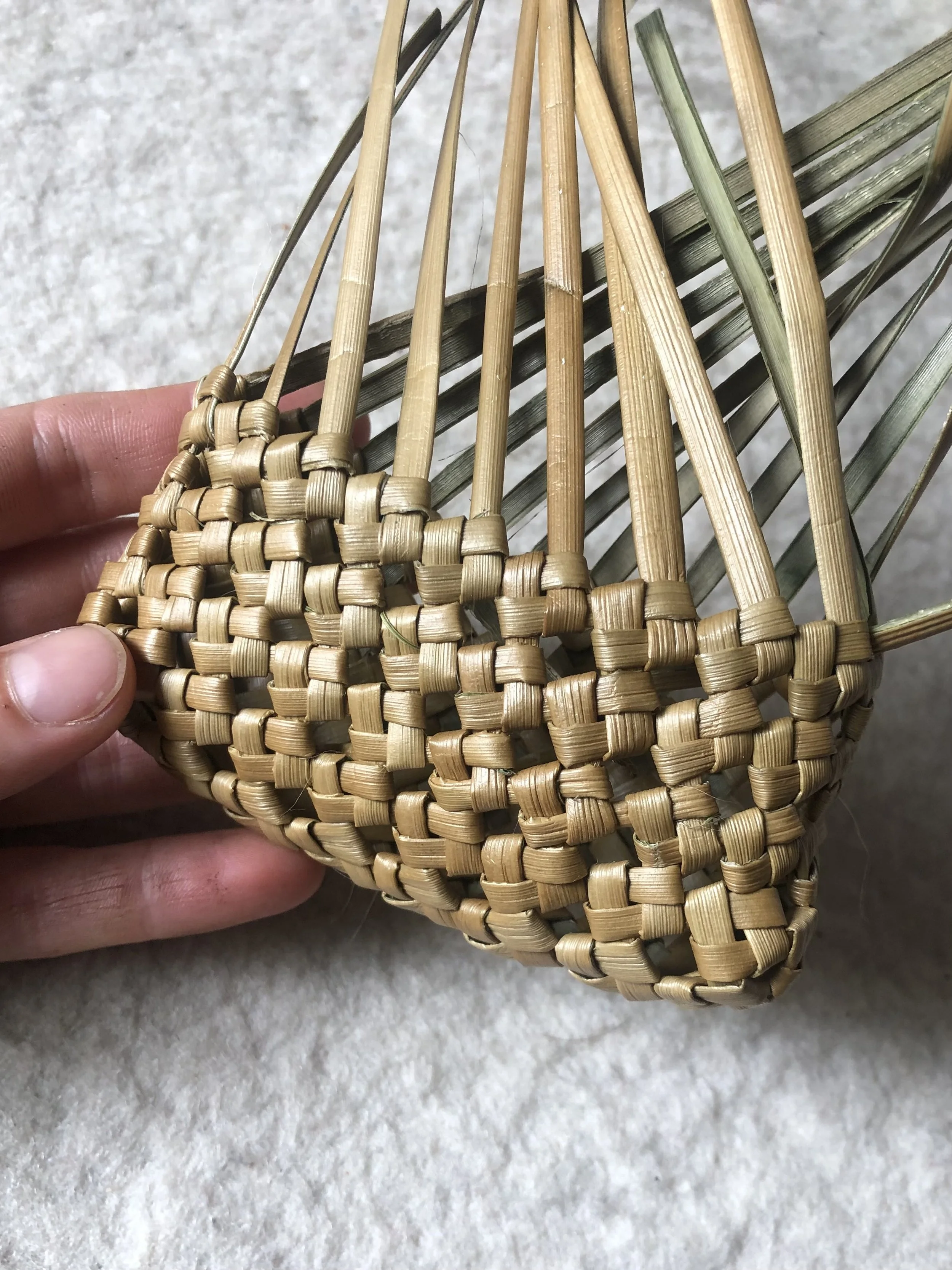 Mano sosteniendo una cesta tejida con phormium tenax en la tecnica molino.