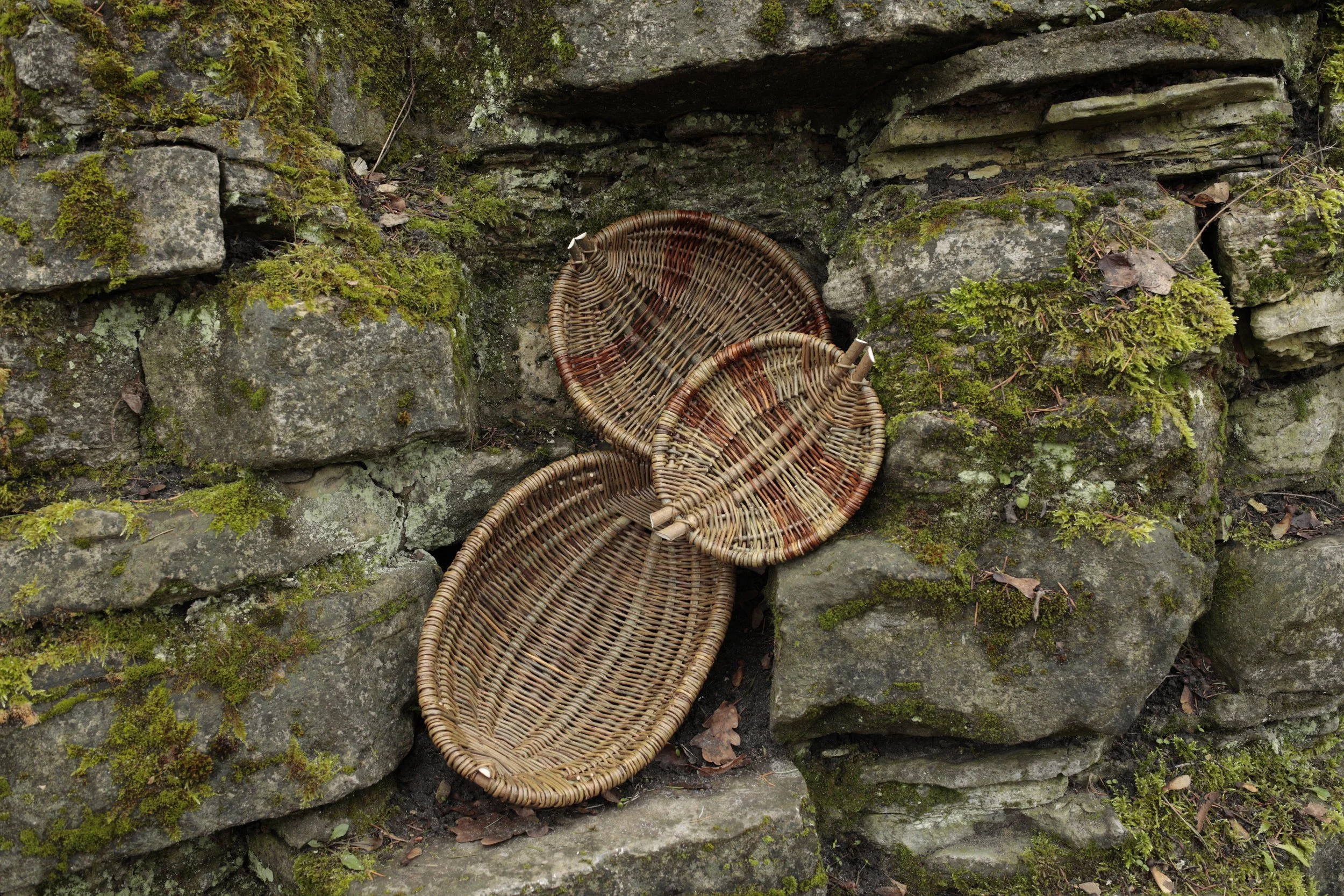 Tres cestas de mimbre apiladas en una pared de piedras cubiertas de musgo y pequeñas plantas.