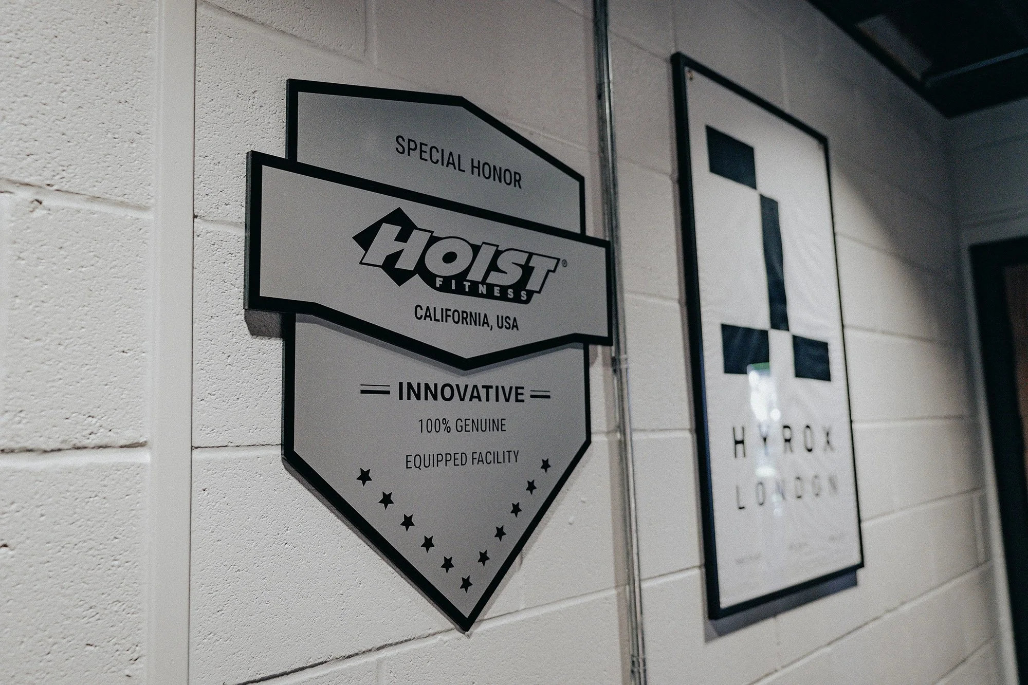 A sign on a white brick wall inside a gym reads 'Special Honor Hoist Fitness California, USA'.