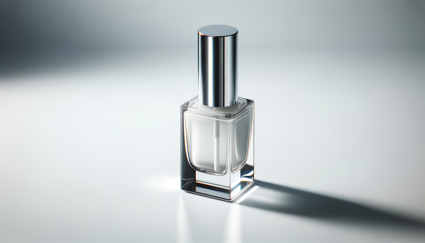 A clear glass nail polish bottle with a silver cap on a white surface, casting a shadow.