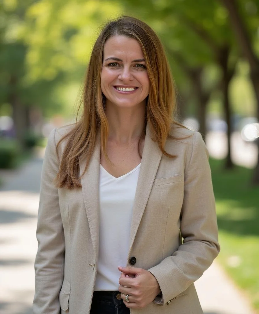 A smiling woman with shoulder-length brown hair in a beige blazer and white top, standing outdoors on a sunny day with green trees in the background.