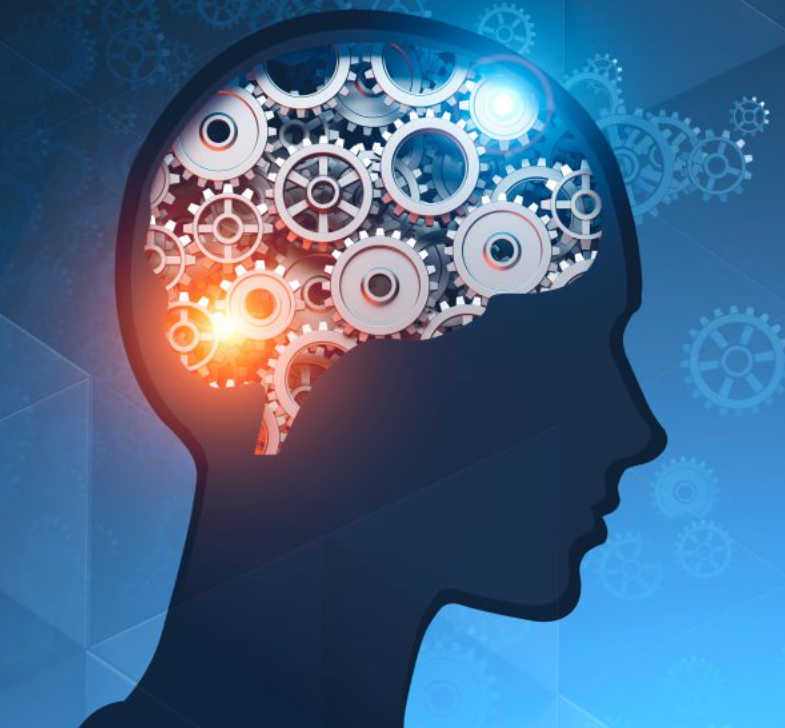 Silhouette of a person's head with a brain filled with gears and cogs, representing artificial intelligence or thought processes, against a blue background with digital gear graphics.