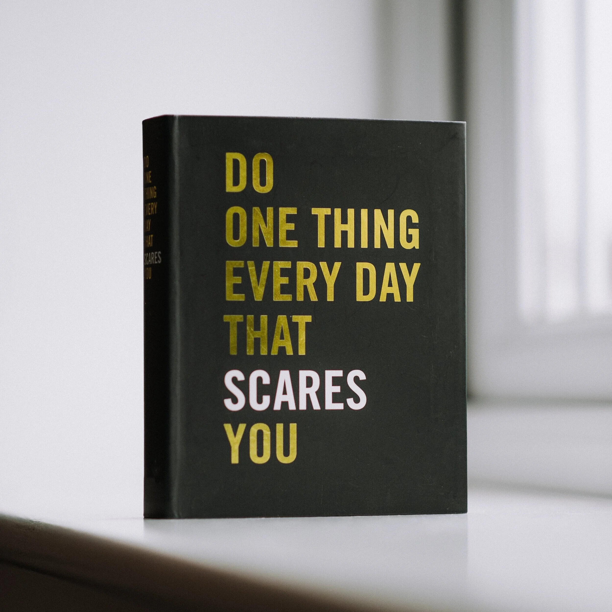 A black book with the quote 'Do one thing every day that scares you' in yellow and pink text on the cover, placed on a white surface with a blurred window in the background.