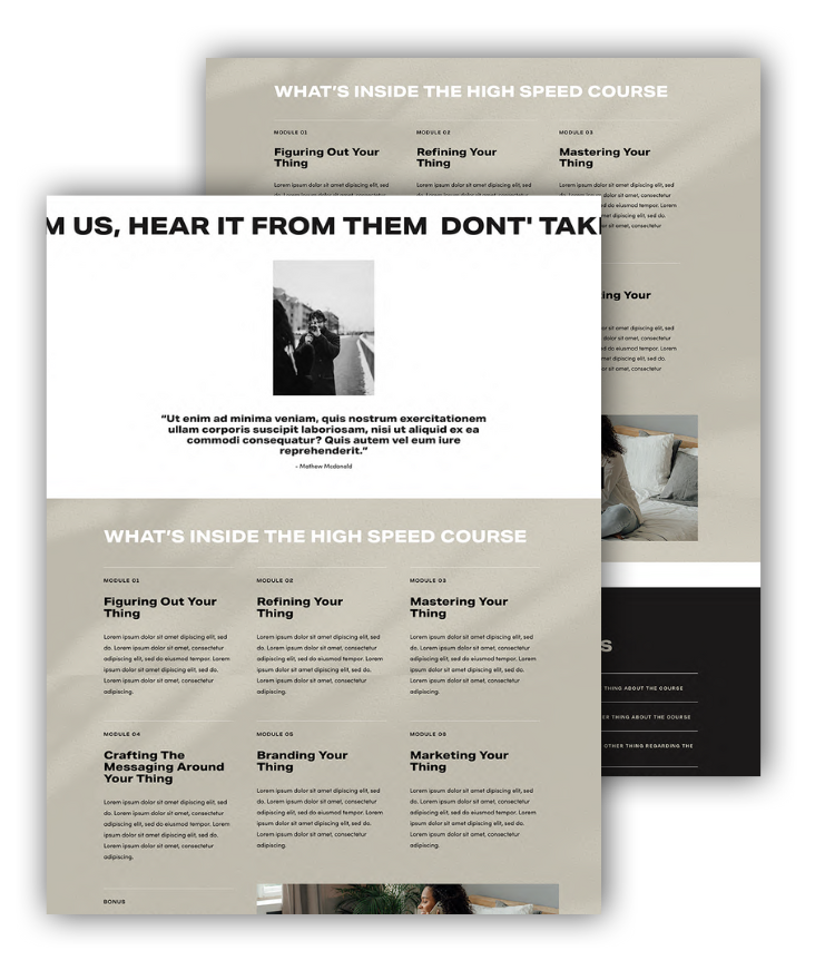 Screen displaying a high speed course page with modules titled 'Figuring Out Your Thing,' 'Refining Your Thing,' and 'Mastering Your Thing,' with additional modules on crafting messaging, branding, and marketing, and a black and white partially visible image of a person holding a camera.