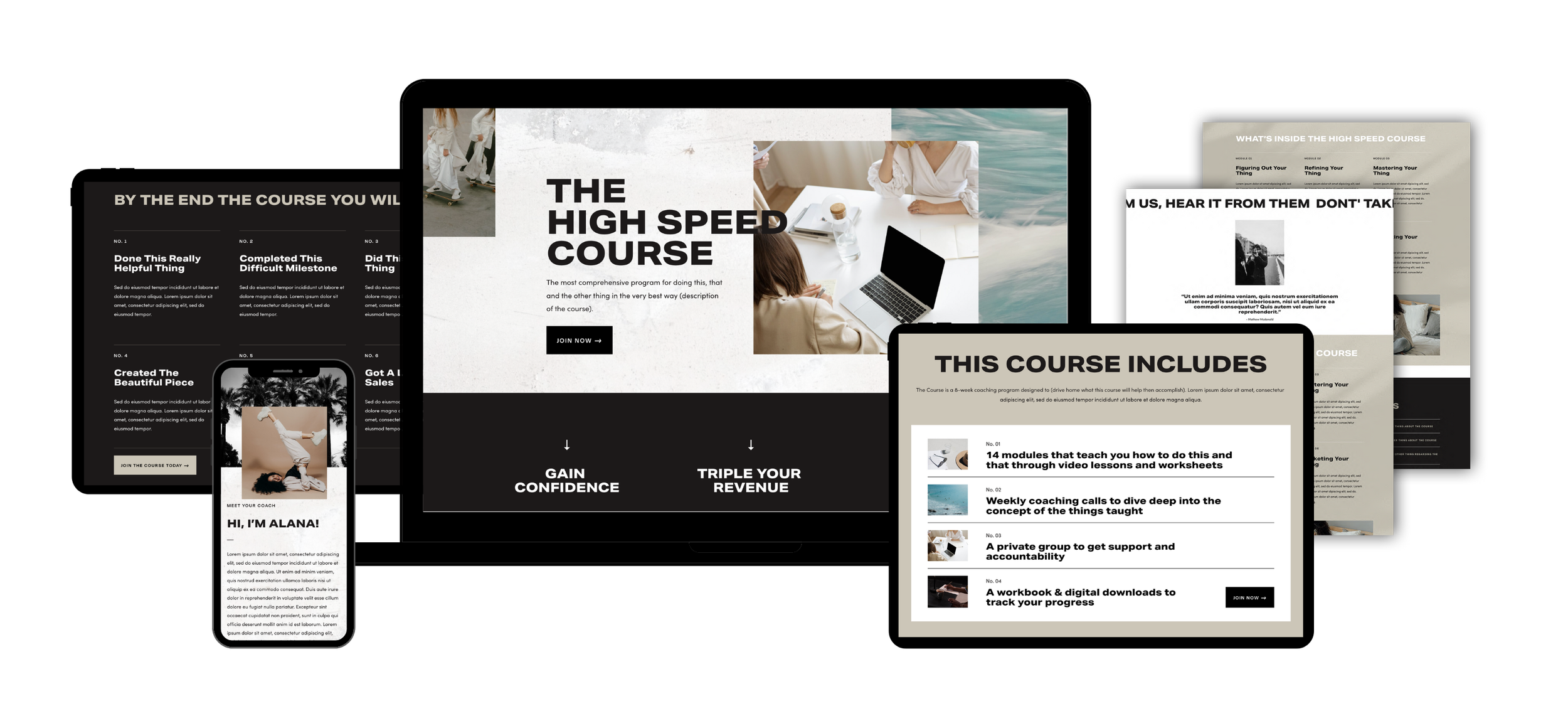 Promotional graphic for The High Speed Course, featuring various course modules, a woman using a laptop, and information about the course's content and benefits.