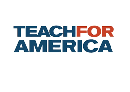 Logo for Teach For America in blue and red text.