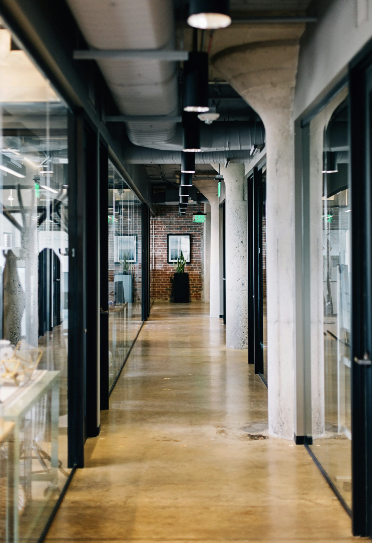 Empty modern office corridor with glass walls, brick wall, potted plant, and exit sign.