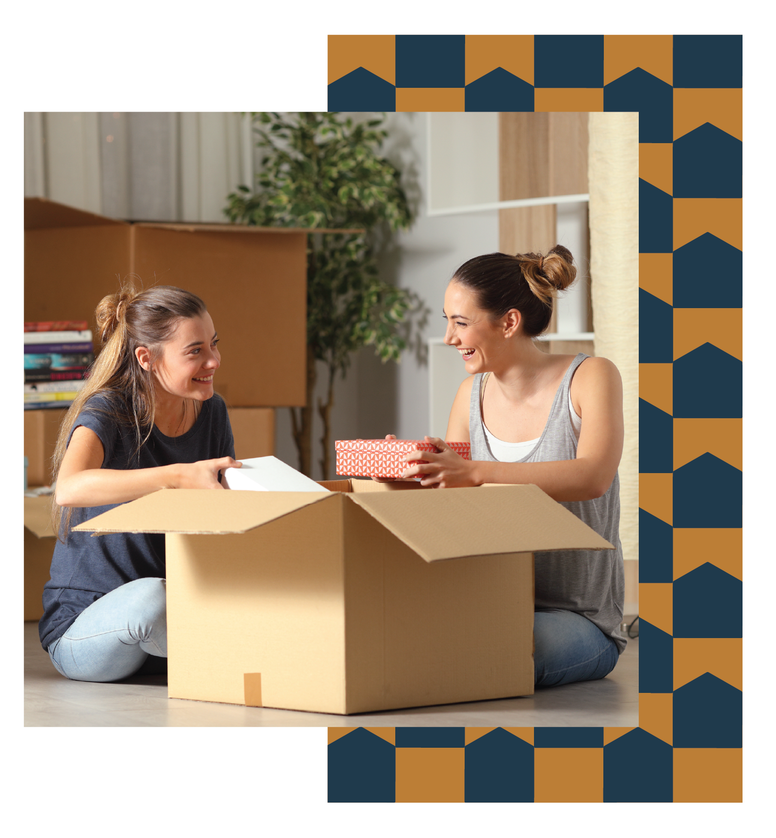Mother and daughter unpacking in their new home.