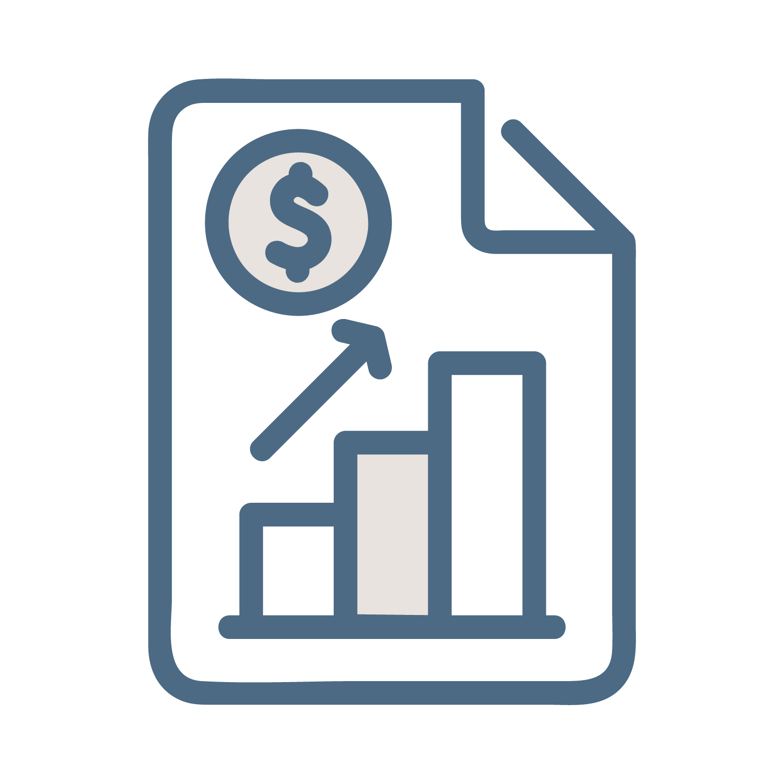 Financial report document icon with dollar sign, upward arrow, and bar chart