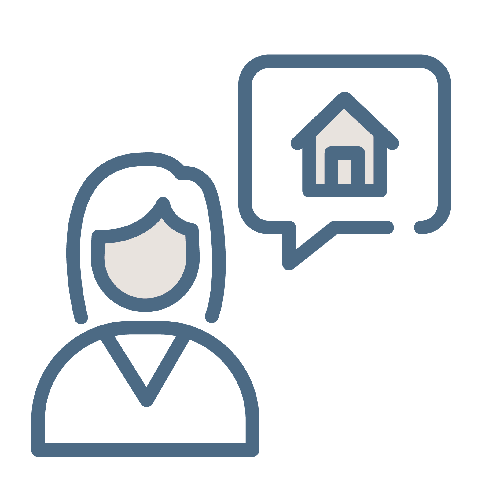 Woman with a speech bubble containing a house icon