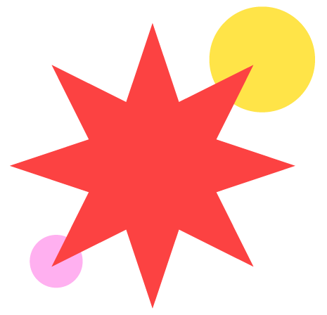 A red burst shape with eight points, alongside a yellow circle and a purple circle on a black background.