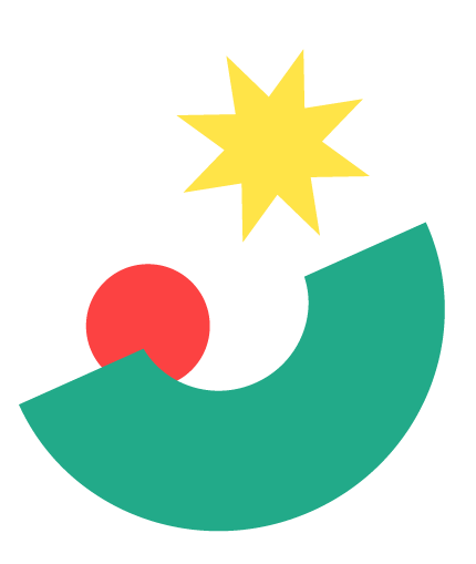 Abstract geometric shapes including a yellow star, red circle, and green curved shape on a white background.