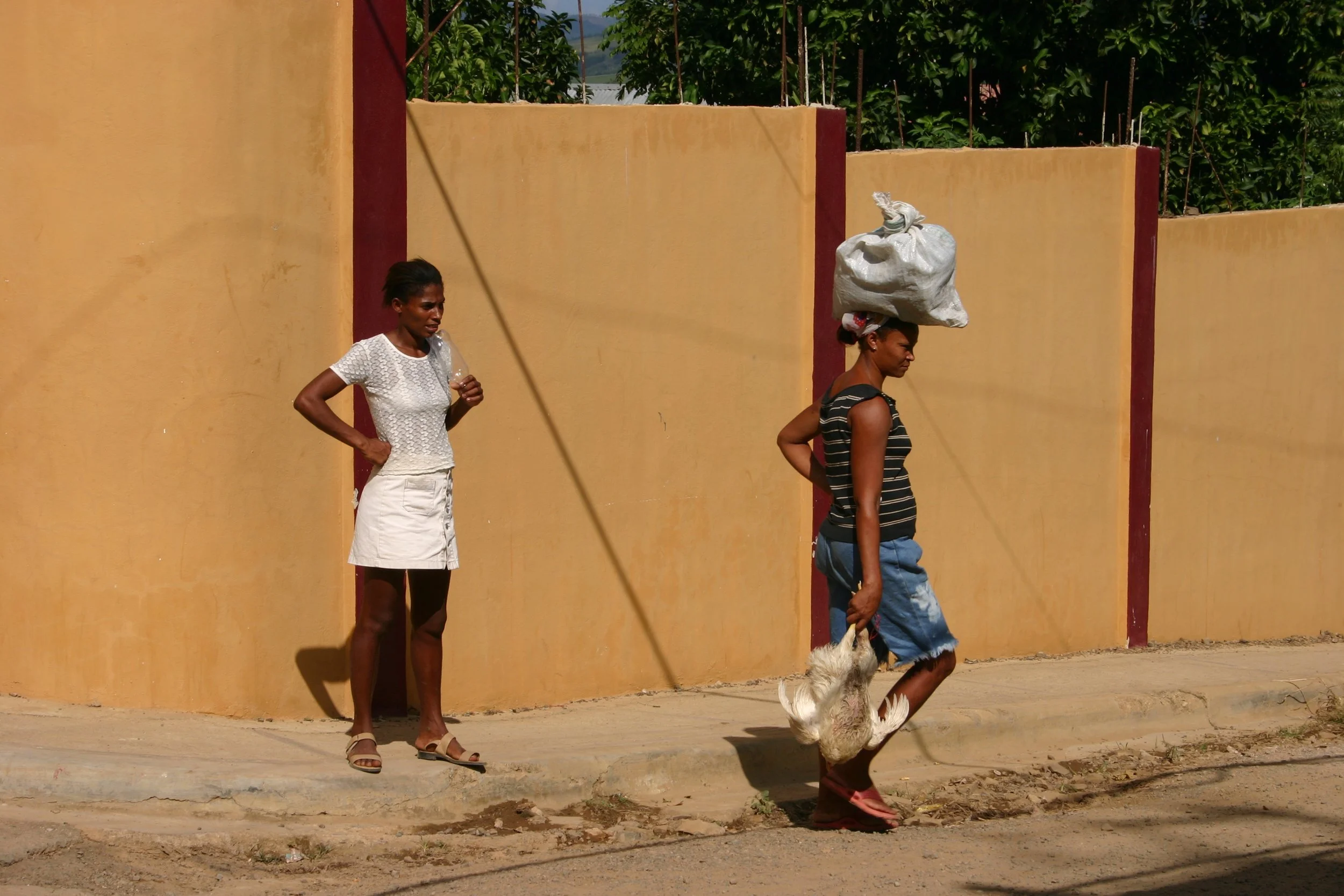 Deux femmes marchent le long d’un mur beige. La femme à l’avant porte une grosse charge sur la tête et tient un poulet dans la main. La femme derrière la regarde, tenant une bouteille.