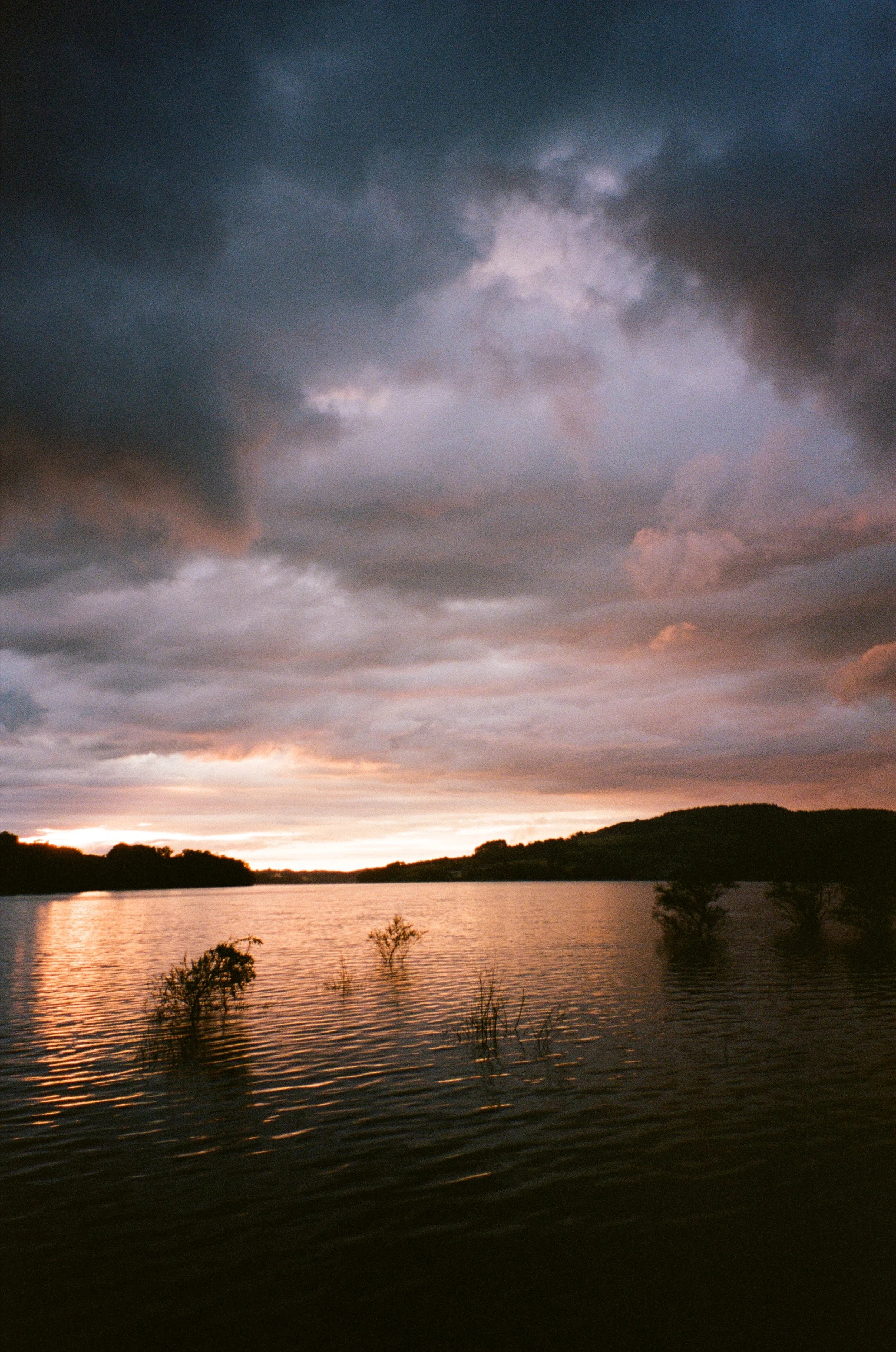 Coucher de soleil derrière un lac avec des arbres partiellement submergés en premier plan, ciel orageux avec des nuages sombres.
