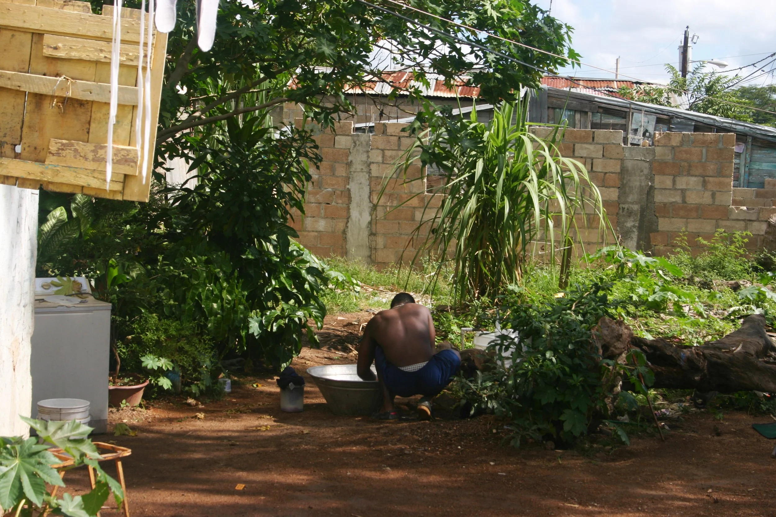 Un homme torse nu, penché en avant, dans un jardin planté de diverses plantes vertes, avec un mur en briques en arrière-plan.