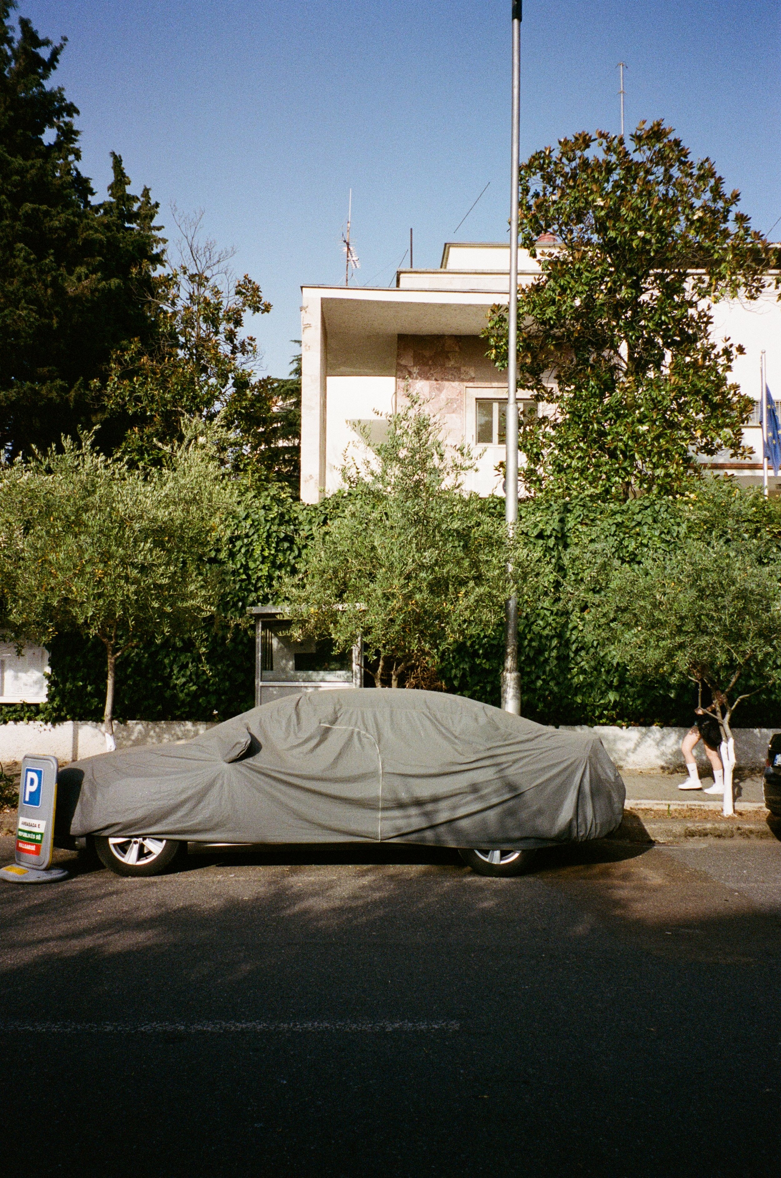 Voiture garée sous une housse de protection sur la rue, avec arbres et immeuble en arrière-plan, jour ensoleillé.
