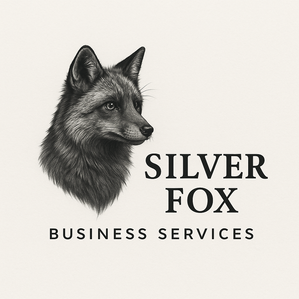 A logo for Silver Fox Business Services with a detailed black and white illustration of a fox's head and the company name in large black letters.