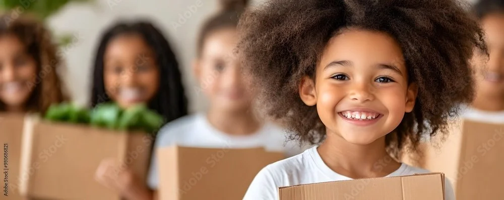 A group of diverse young girls smiling and holding boxes at a community food distribution.