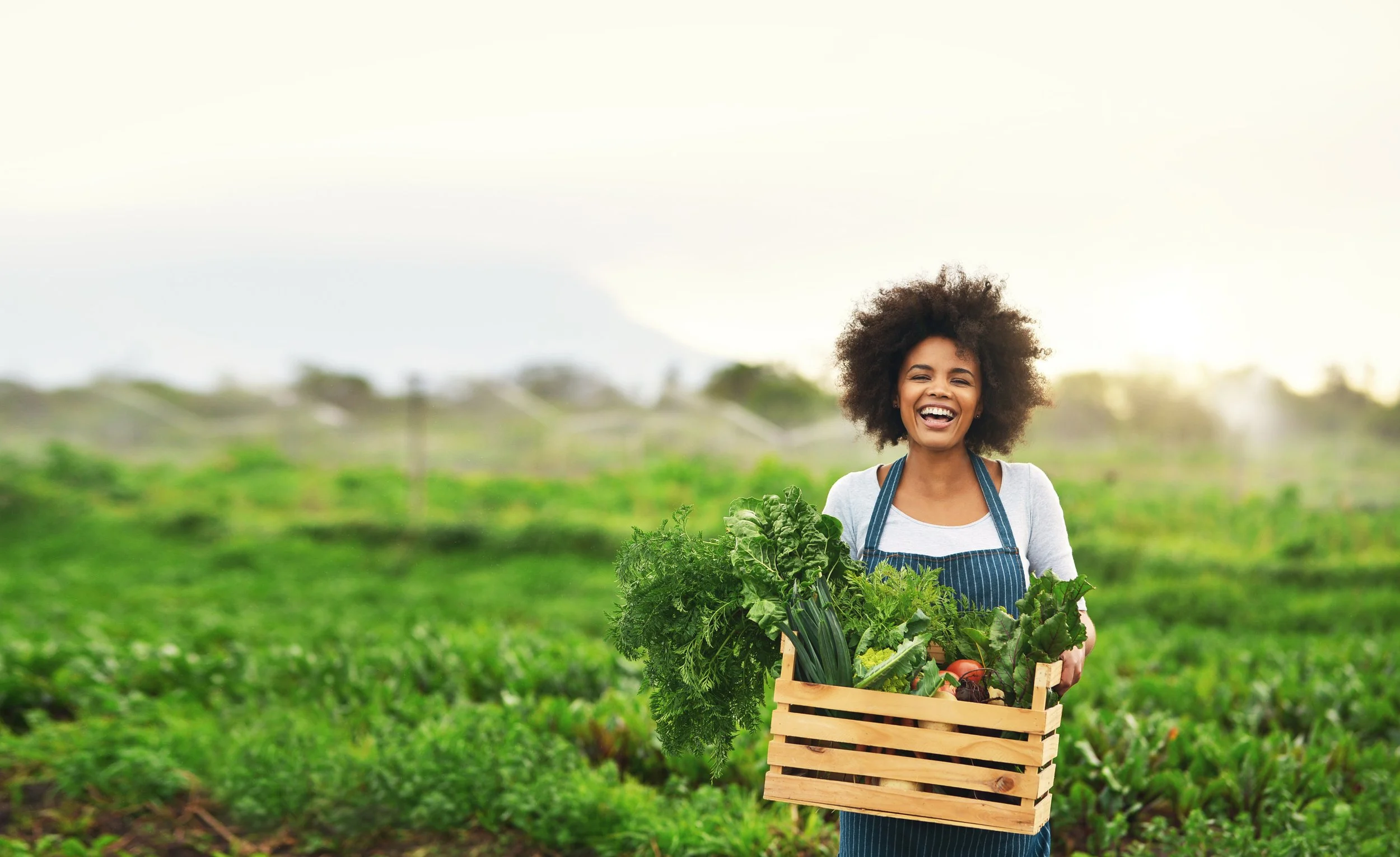 A woman with curly hair smiling while holding a wooden crate filled with fresh vegetables outdoors in a farm field.