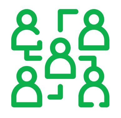 Icon of six green abstract human figures connected, representing a group or team.