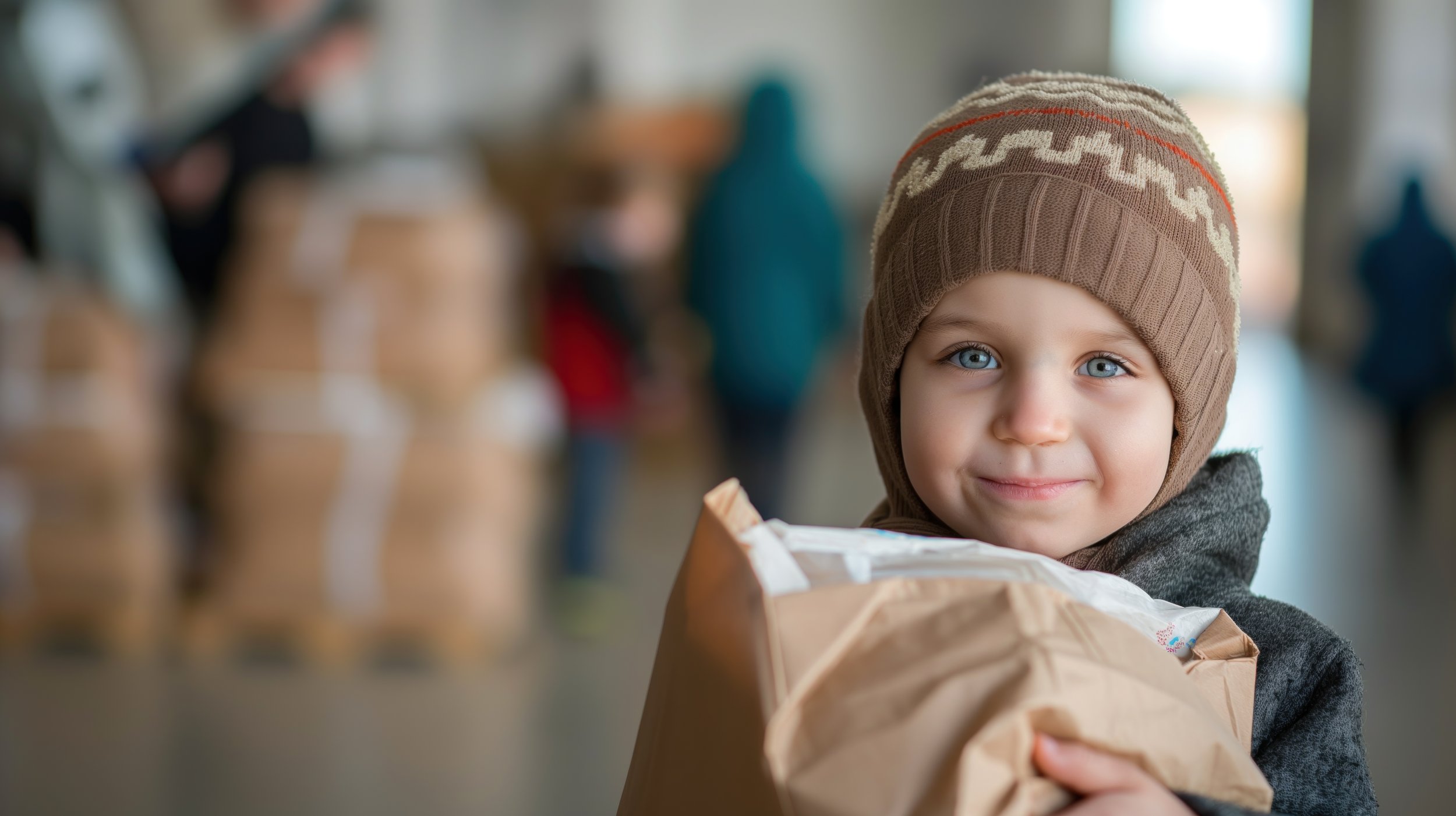 A young boy with blue eyes wearing a brown knit hat, holding a paper bag, smiling indoors with a blurred background.