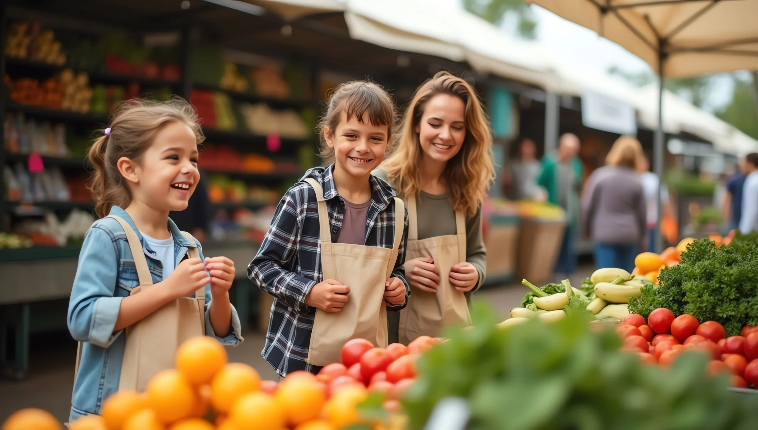A mother and two children shopping for produce at an outdoor farmer's market, all smiling and wearing aprons.