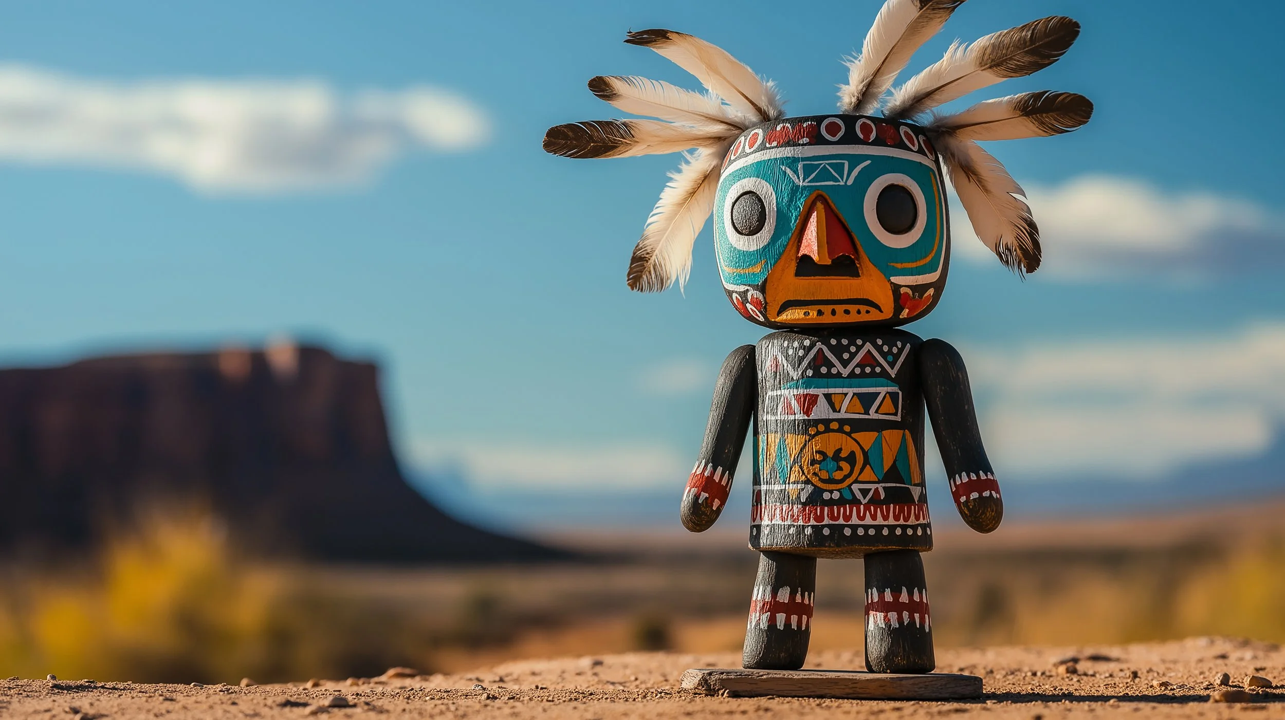 Colorful Hopi Kachina doll in a desert landscape with a mesa in the background.