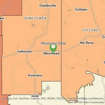 Map highlighting the Mississippi Delta region, with towns such as Moorhead, Indiana, Inverness, Itta Bena, LeFLORE, Schlater, Doddsville, and Sunflower, showing county boundaries and roads. 