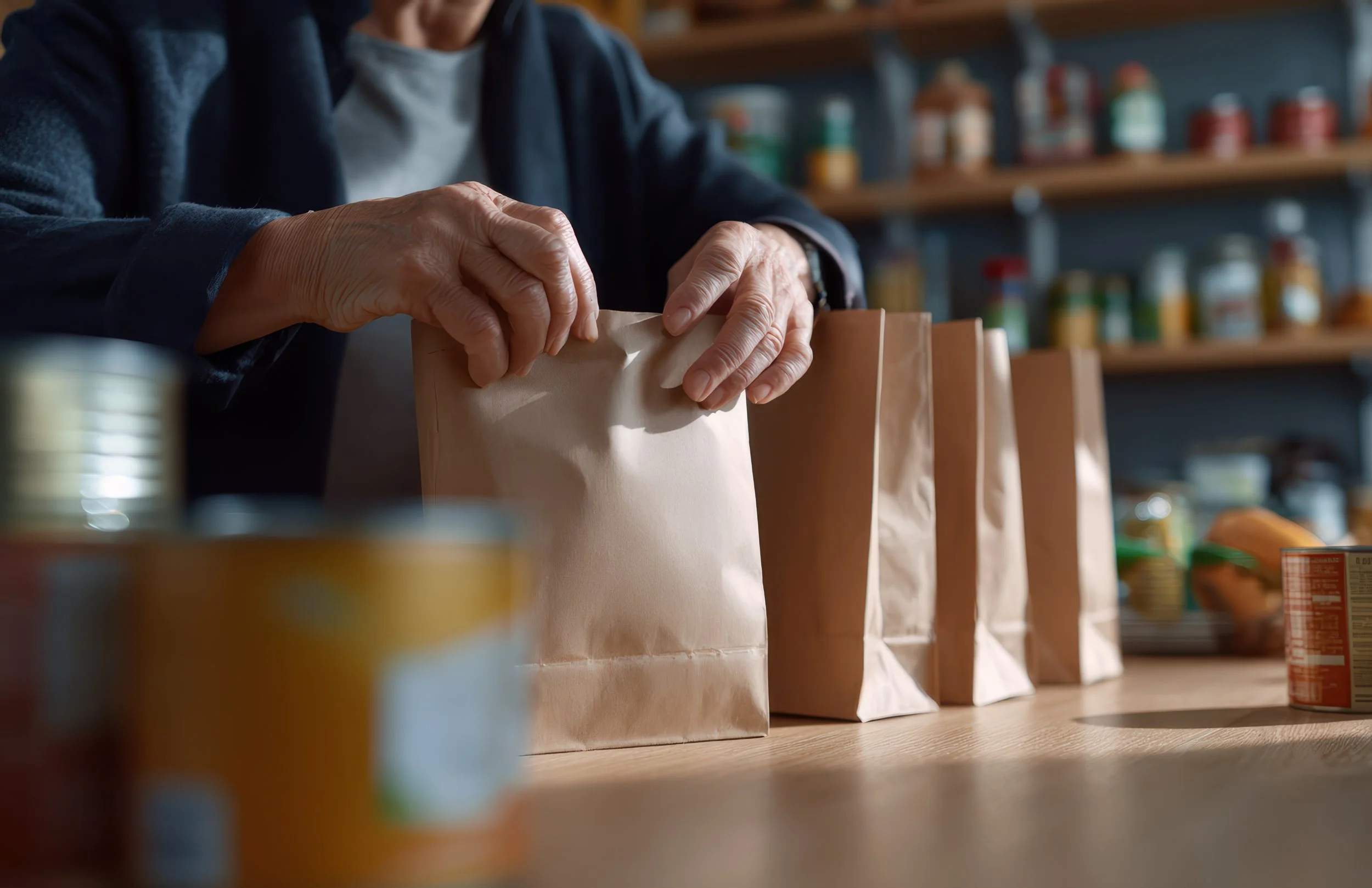 Person packing brown paper bags on a wooden table, with canned goods and other food items around.