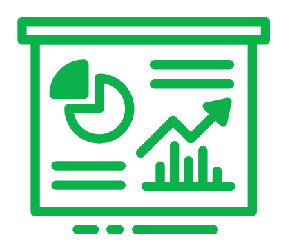 Green presentation slide with pie chart, bar graph, and upward arrow indicating growth.