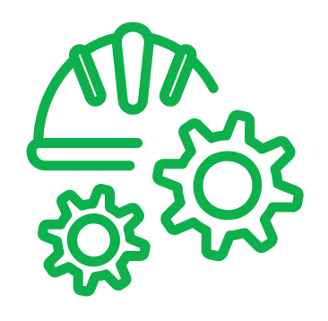Line drawing with two gears and a hard hat icon.
