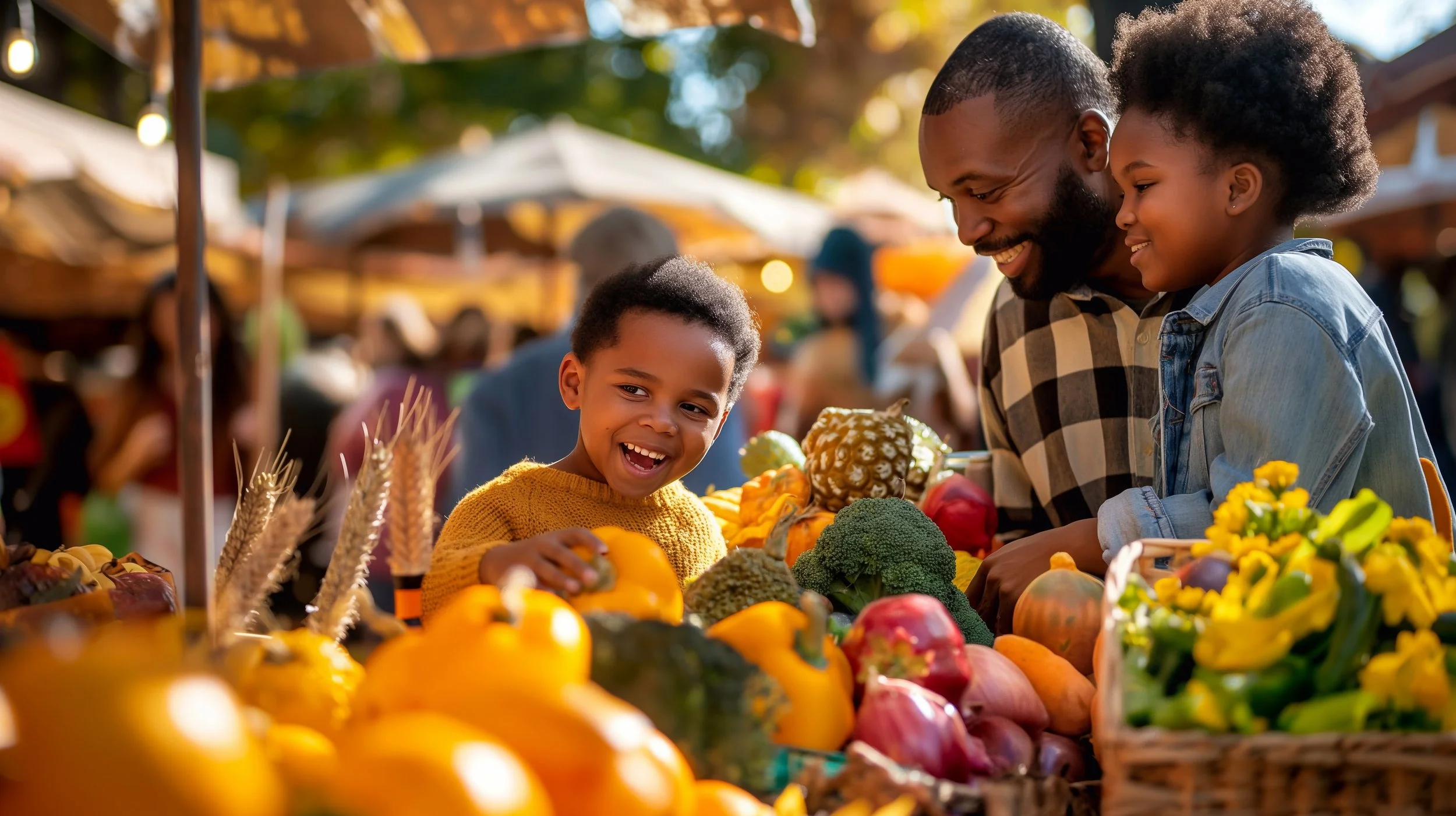 Happy family picks produce at a lively farmers market on a sunny autumn day, enjoying togetherness and fresh, colorful produce