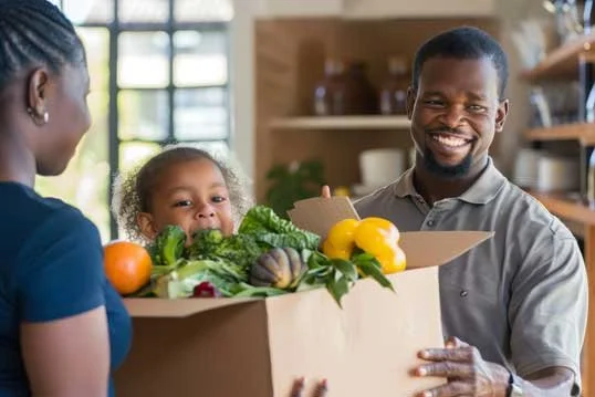 A man giving a woman a box of fresh vegetables and fruits, including lettuce, yellow and orange bell peppers, and an orange, in a kitchen with shelves in the background.