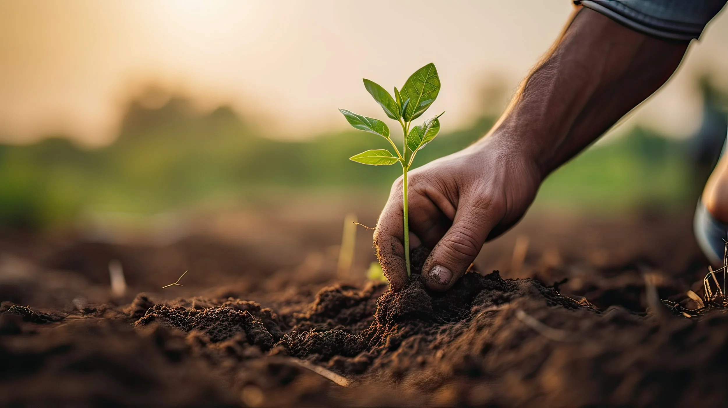 Close-up of a person's hand planting a young green sapling in the soil during sunset.
