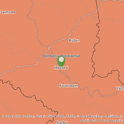 Map showing locations in Kentucky, including Hazard, Bell County, and nearby towns. Warehouses4Good developed this map in a persistent poverty study.